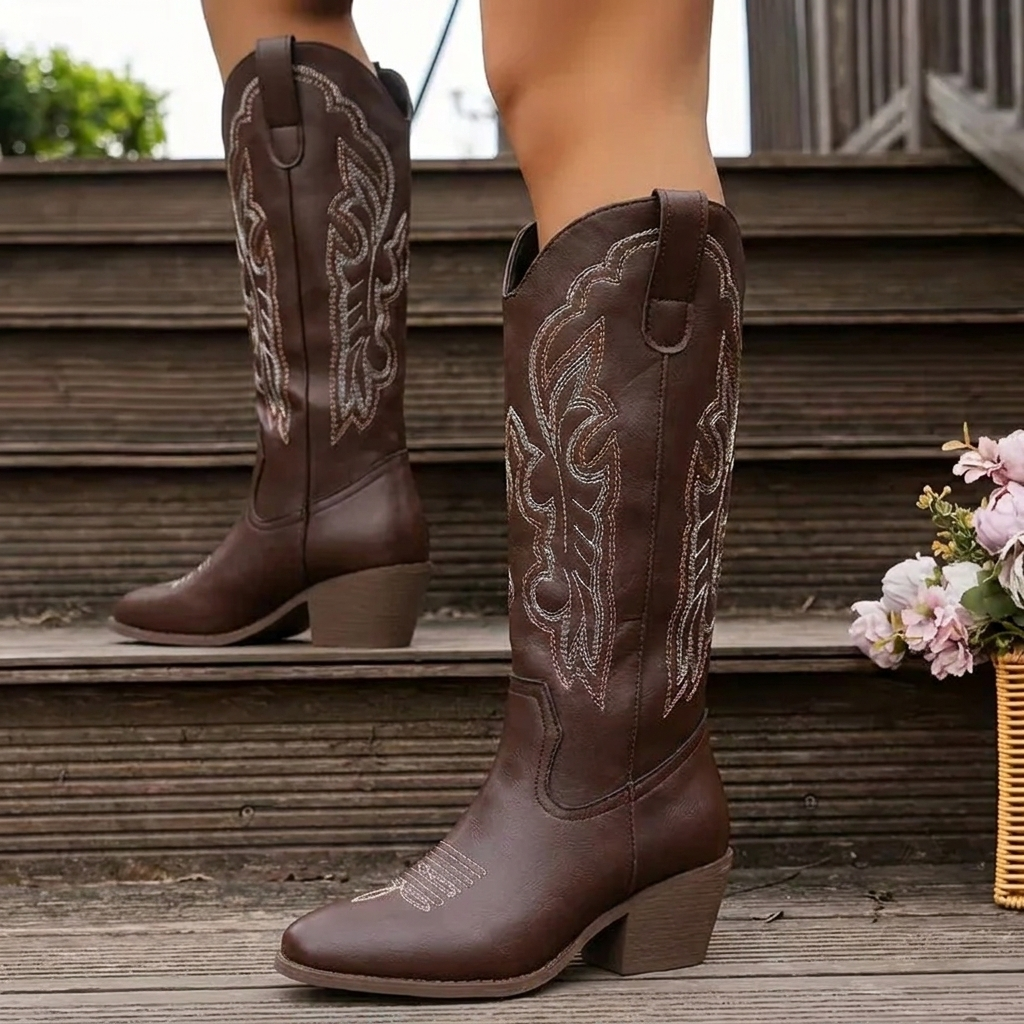 Embroidered Block Heel Cowgirl Boots — cowboy boots for women in brown