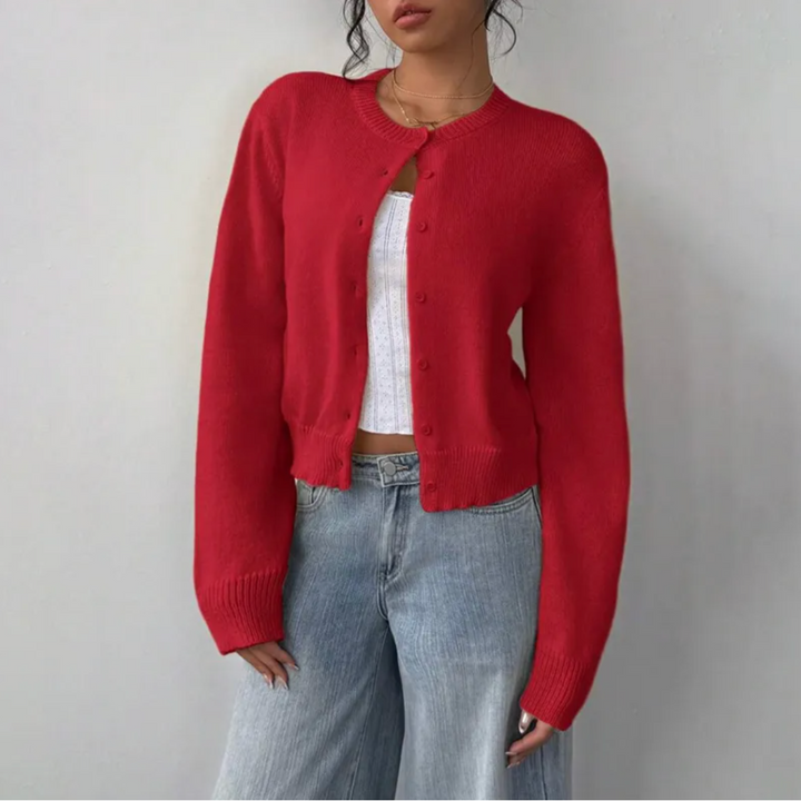 Iris Ribbed Cropped Cardigan Button Up for Women in Red