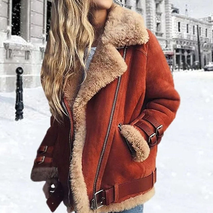 Faux Fur Lined Oversized Suede Moto Jacket for women - view 1