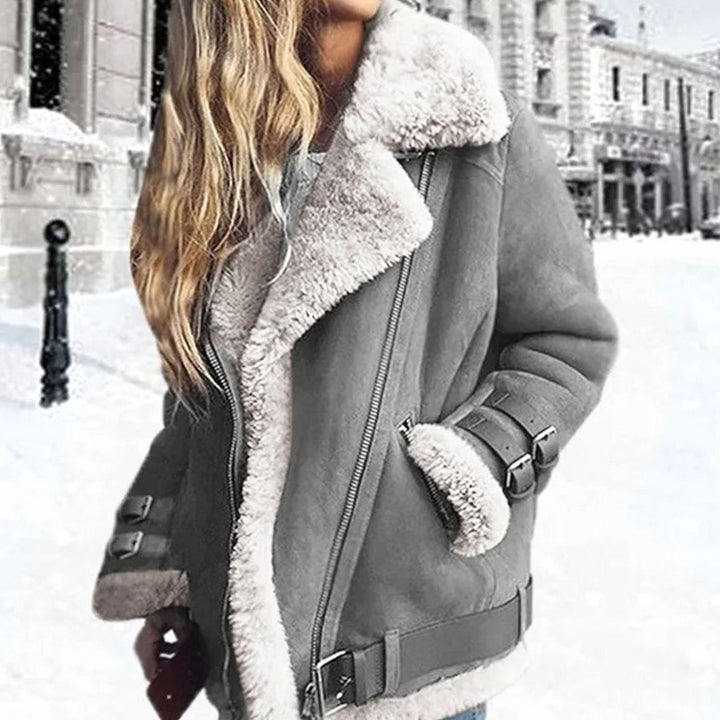 Faux Fur Lined Oversized Suede Moto Jacket for women - view 2