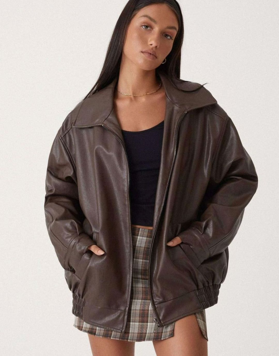 Oversized Faux Leather Zip-Up Bomber Jacket for women - view 1