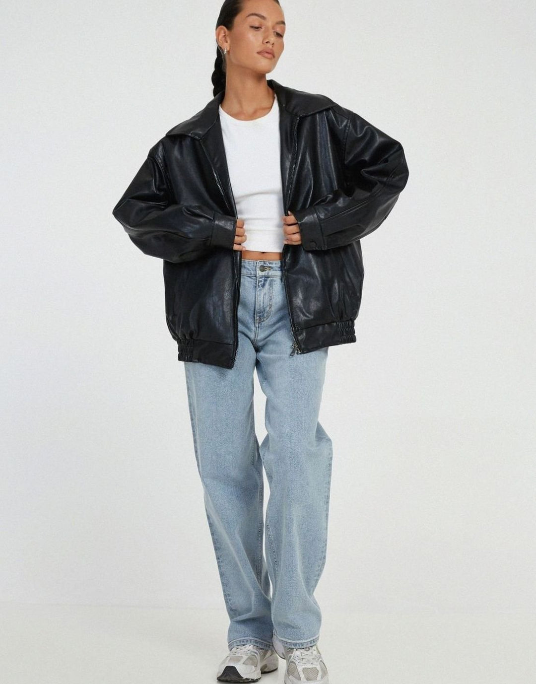 Oversized Faux Leather Zip-Up Bomber Jacket for women - view 5