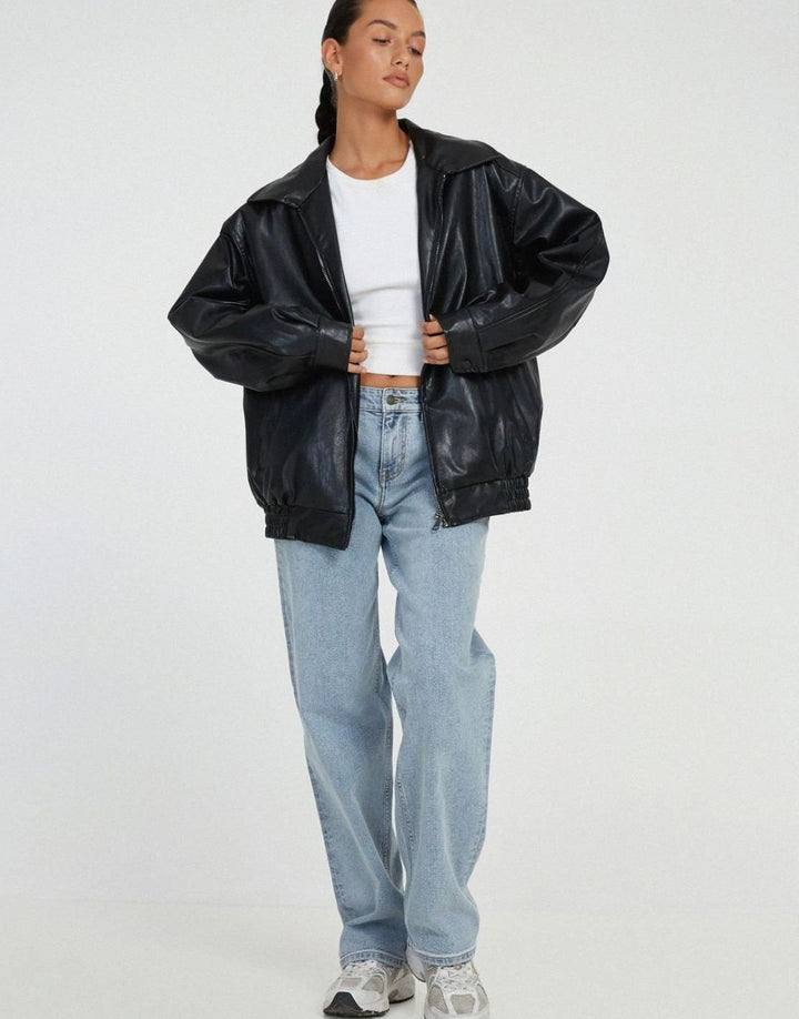 Oversized Faux Leather Zip-Up Bomber Jacket for women - view 5