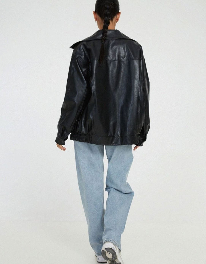 Oversized Faux Leather Zip-Up Bomber Jacket for women - view 6