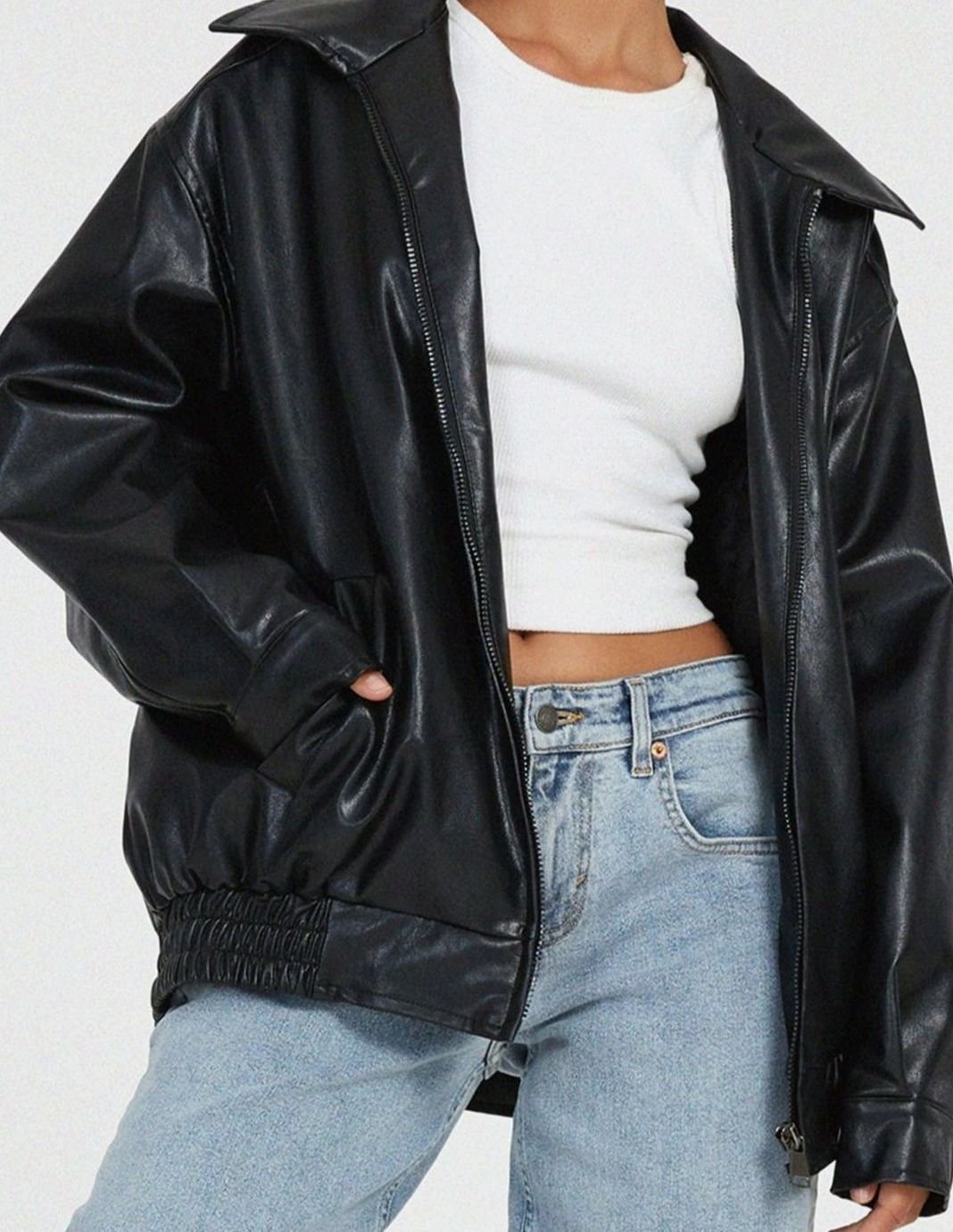 Oversized Faux Leather Zip-Up Bomber Jacket for women - view 7