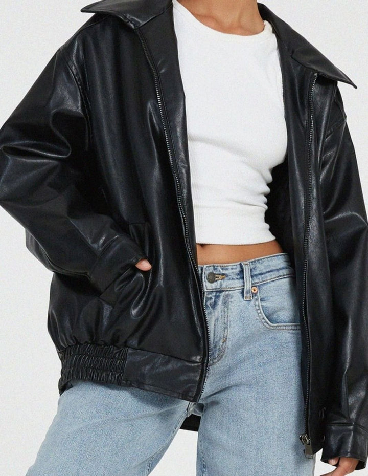 Oversized Faux Leather Zip-Up Bomber Jacket for women - view 7