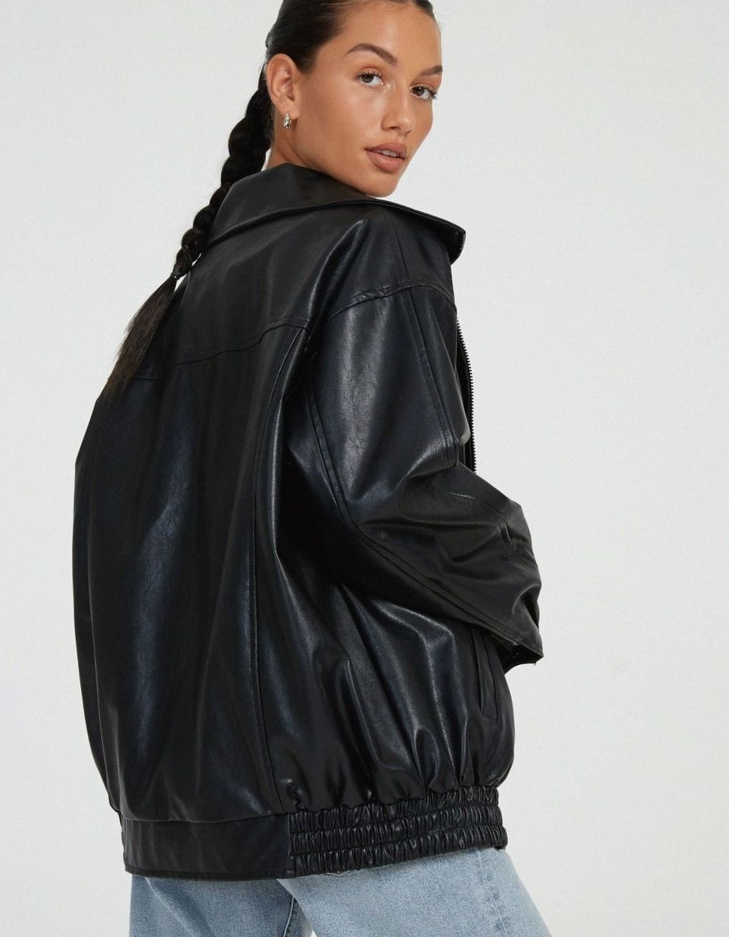 Oversized Faux Leather Zip-Up Bomber Jacket for women - view 8