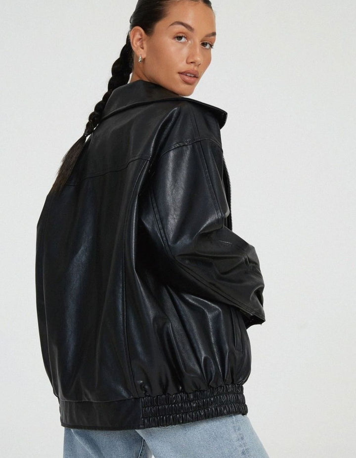 Oversized Faux Leather Zip-Up Bomber Jacket for women - view 8