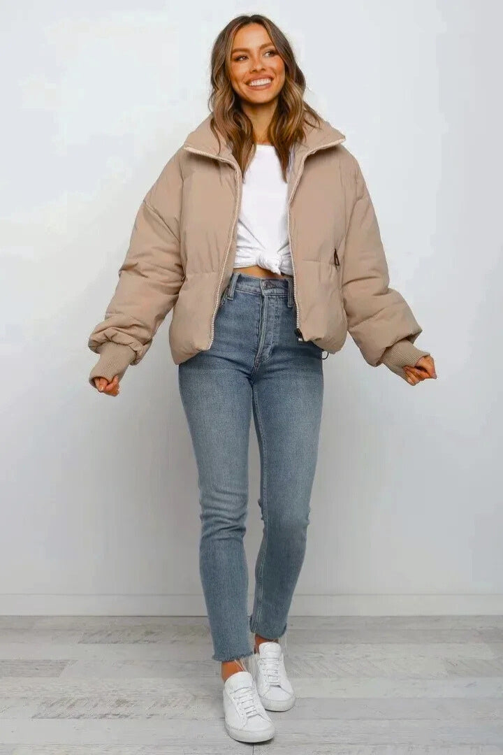 Cropped Quilted Puffer Jacket — puffer jacket for women in khaki