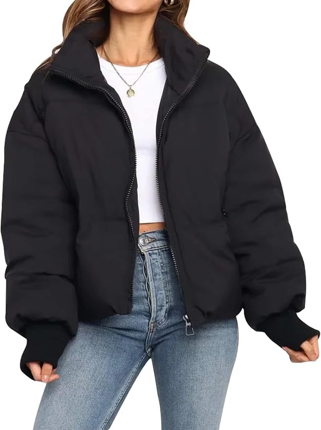 Cropped Quilted Puffer Jacket — puffer jacket for women in black
