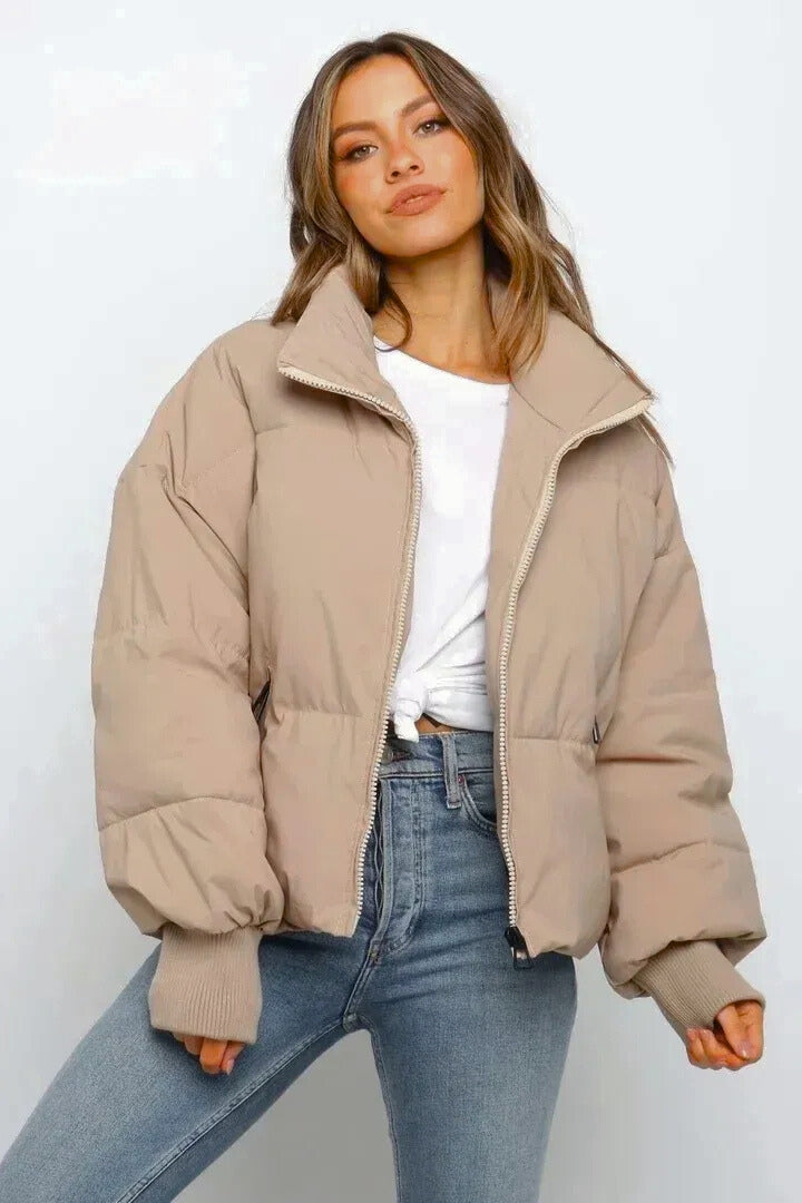 Cropped Quilted Puffer Jacket — puffer jacket for women in khaki
