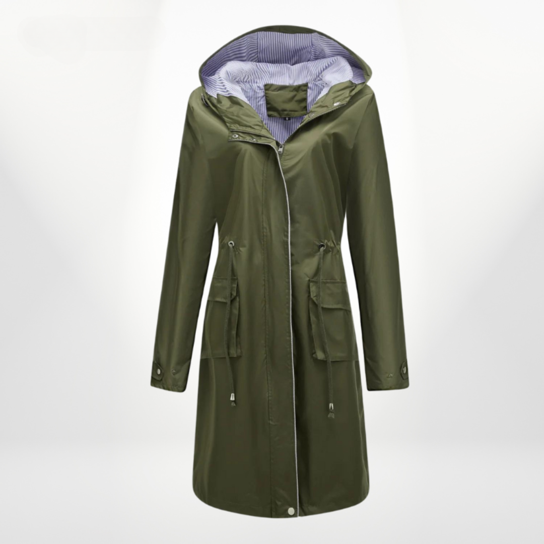 Belted Longline Rain Jacket — women's rain jacket in grey