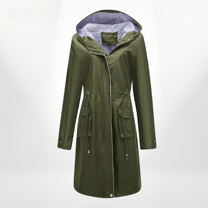 Belted Longline Rain Jacket — women's rain jacket in grey