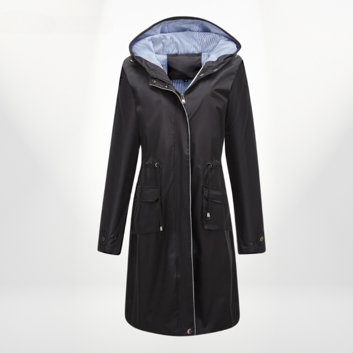 Belted Longline Rain Jacket — women's rain jacket in black